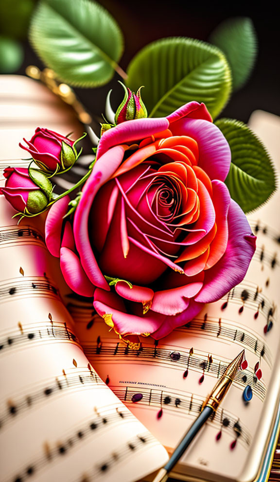 Red-Pink Rose on Sheet Music with Golden Background