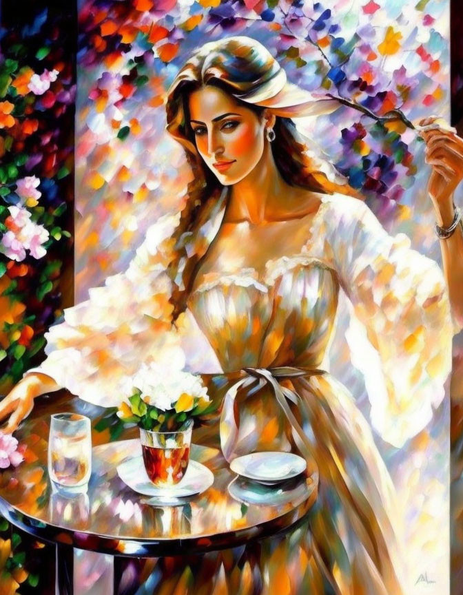 Woman in White Dress Sitting by Table with Glass and Teacup Among Vibrant Flowers