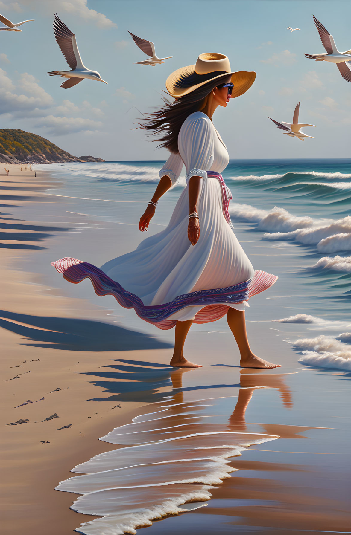 Woman in white dress and sunhat strolling on beach with seagulls and reflections