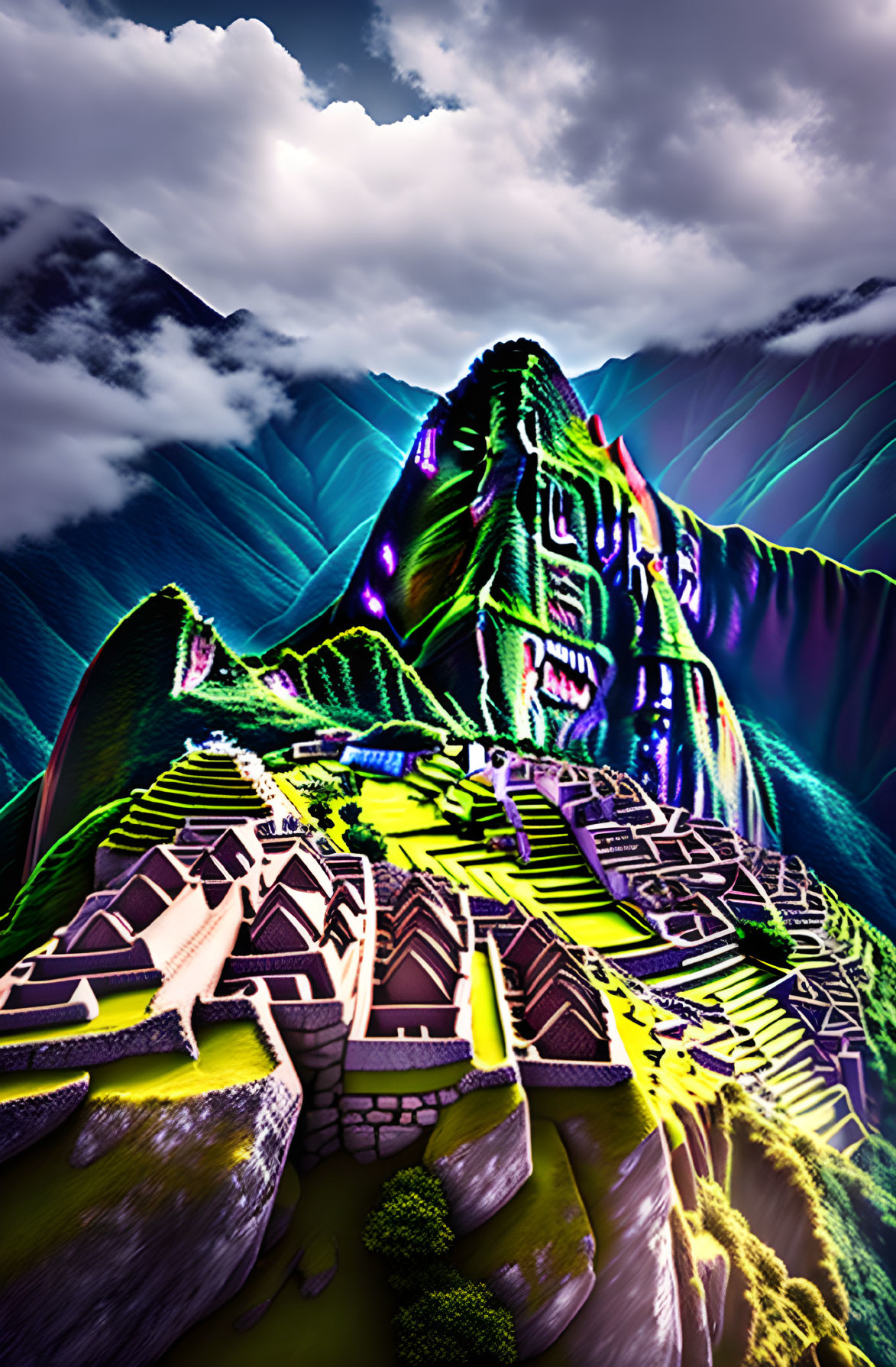 Digital artwork: Machu Picchu with neon-lit face in dramatic sky