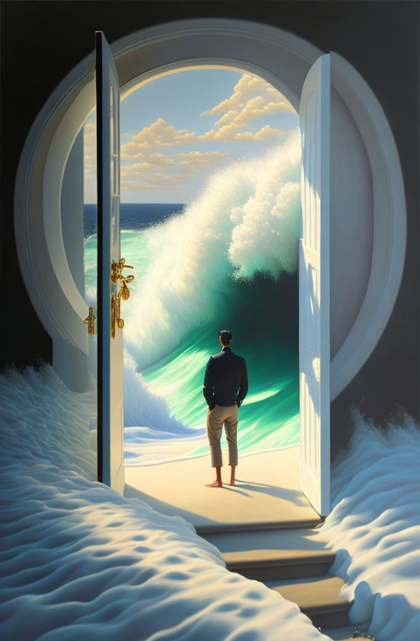 Person at Open Door on Cloud Observing Large Wave