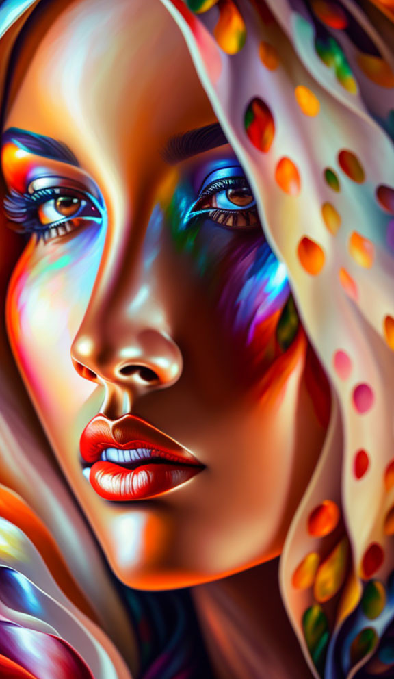 Vibrant digital portrait of a woman with colorful makeup and patterned headscarf