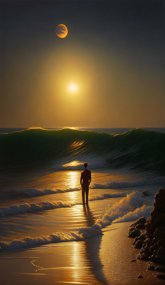 Person on Beach at Sunset with Waves and Large Moon