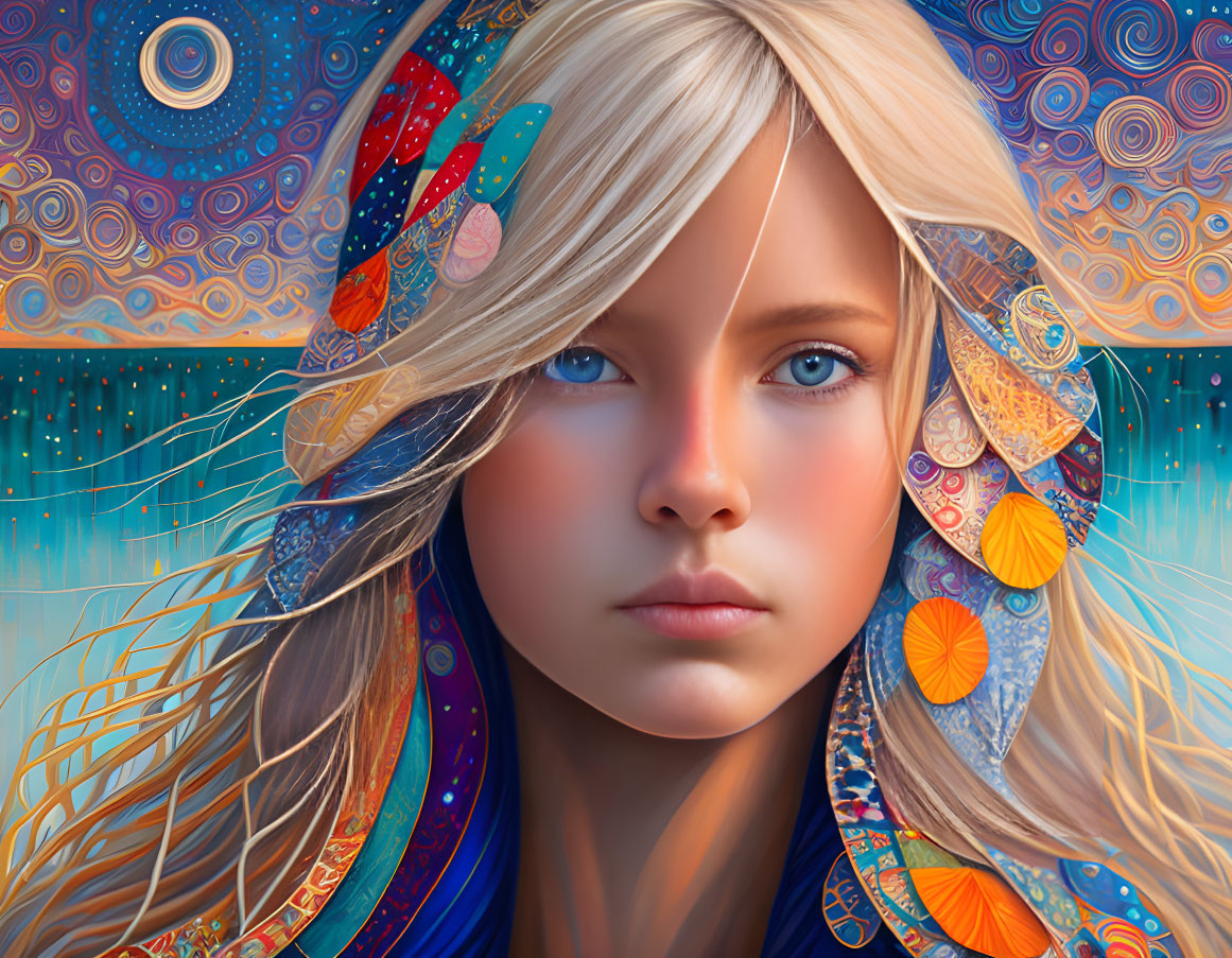 Digital painting: Young girl with fair skin, blue eyes, and blonde hair on vibrant abstract backdrop