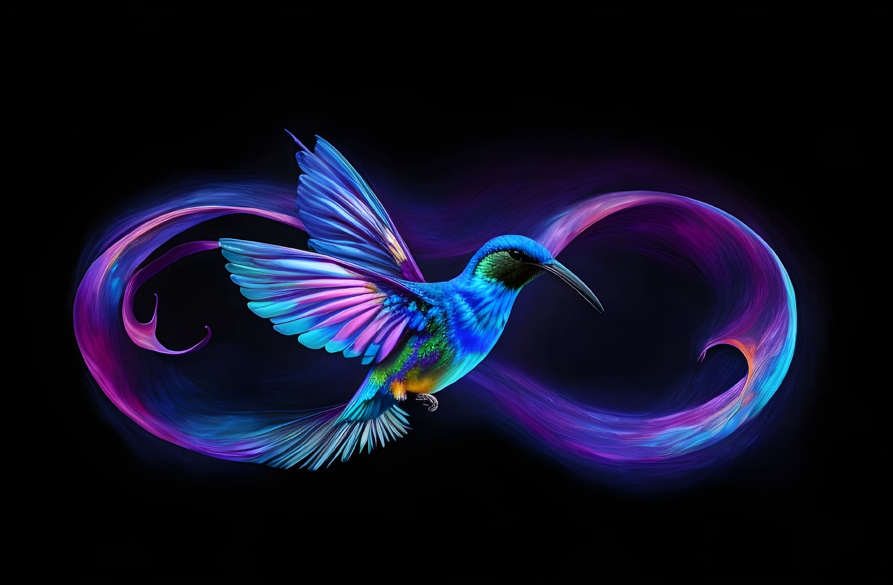 Colorful digital artwork: Blue hummingbird in flight with neon light trails