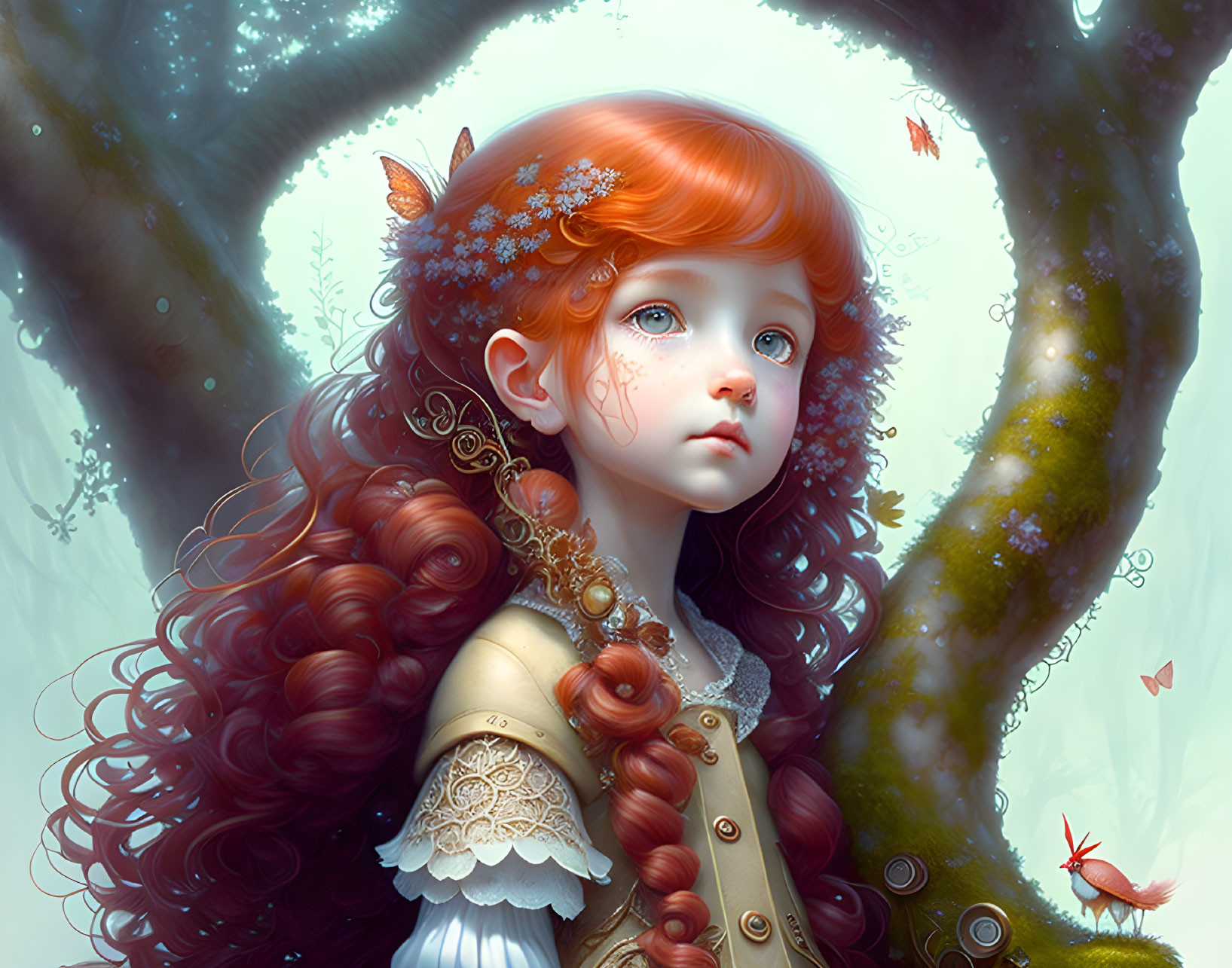 Illustration of girl with red curly hair, flowers, butterflies in mystical forest.