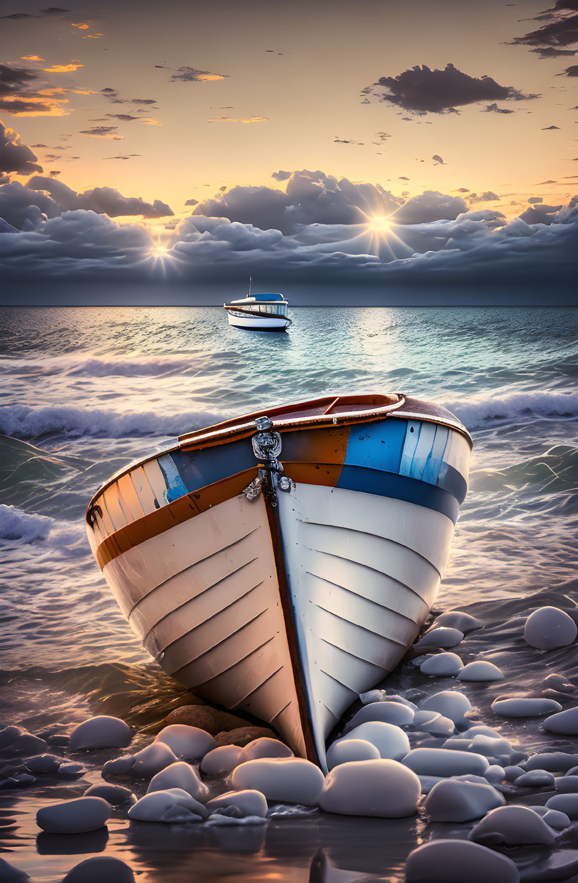 Boat on Pebbly Shore with Yacht on Horizon at Sunset