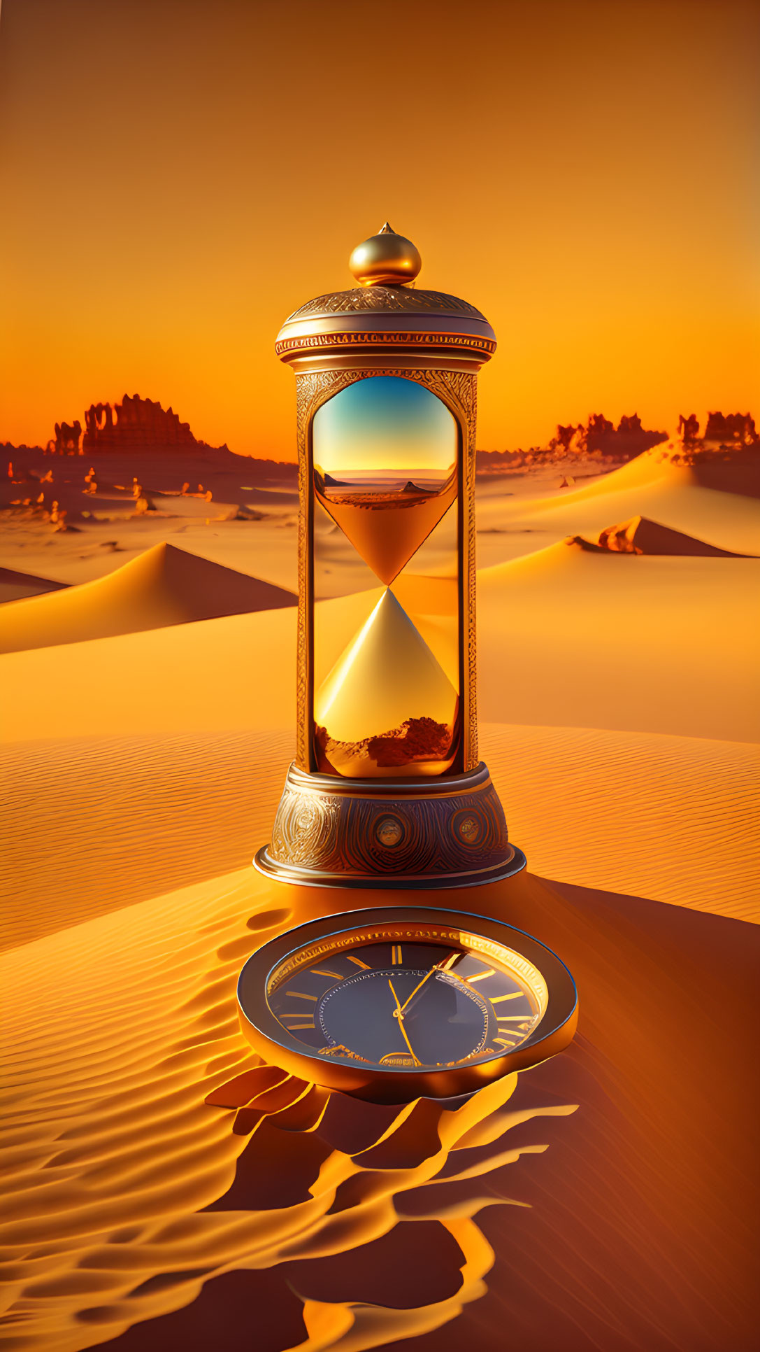 Ornate hourglass on desert dune at sunset with sand mirroring landscape