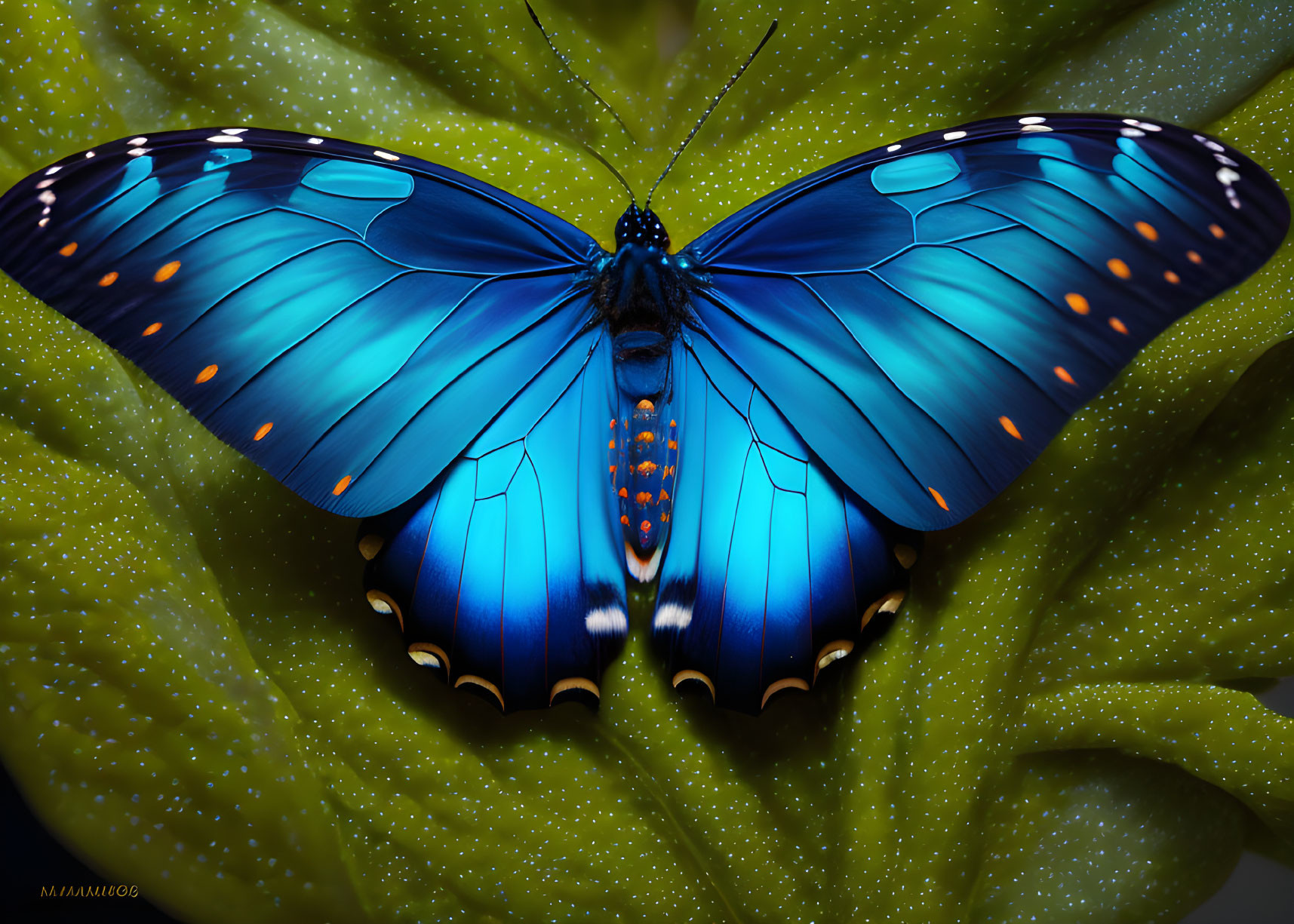 Colorful Blue Butterfly with Orange Spots on Green Leafy Background