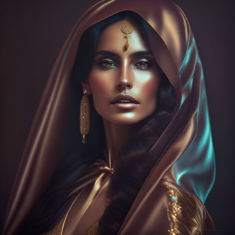 Striking woman in traditional jewelry draped in golden and teal fabric