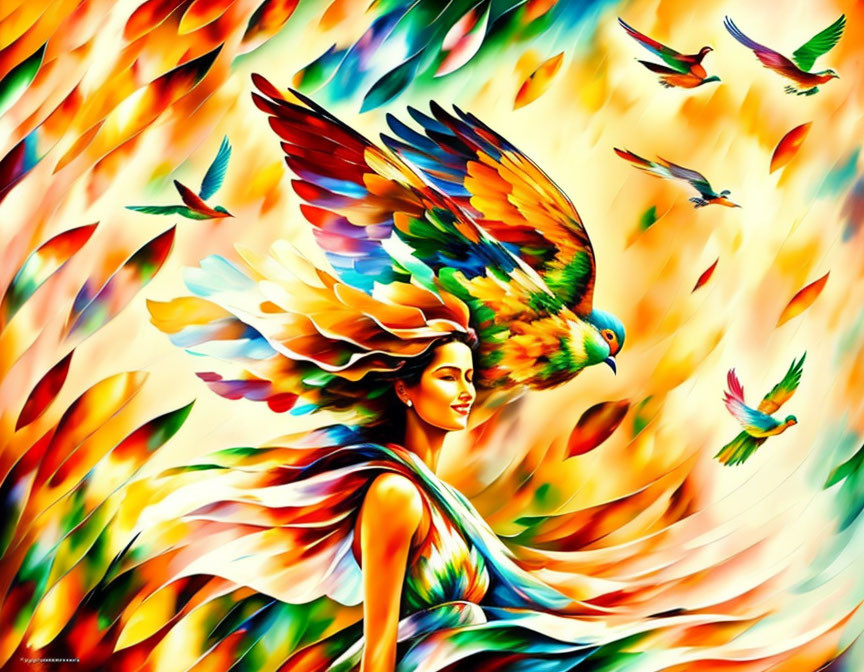 Colorful Parrot Feather Winged Woman Surrounded by Birds