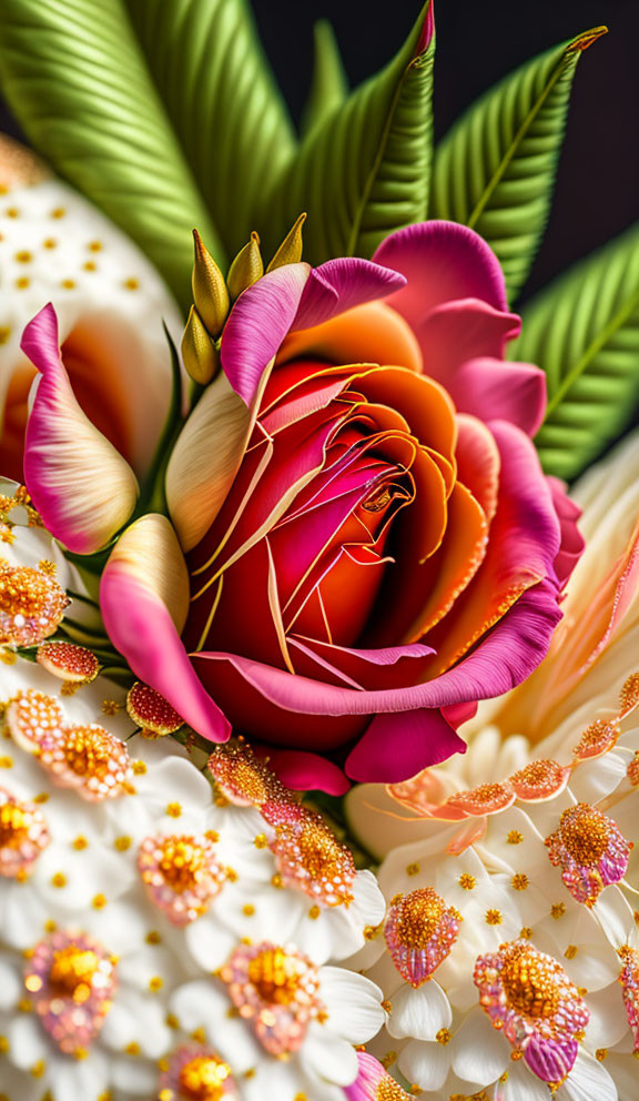 Detailed Close-Up of Vibrant Floral Arrangement with Red-Pink Rose