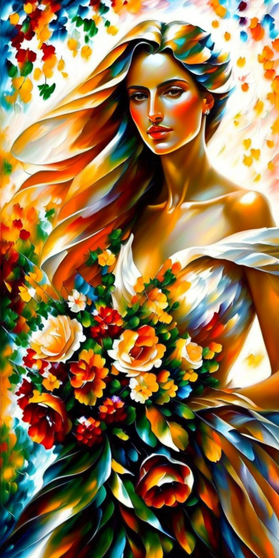 Colorful Painting of Woman with Flowers and Leaves