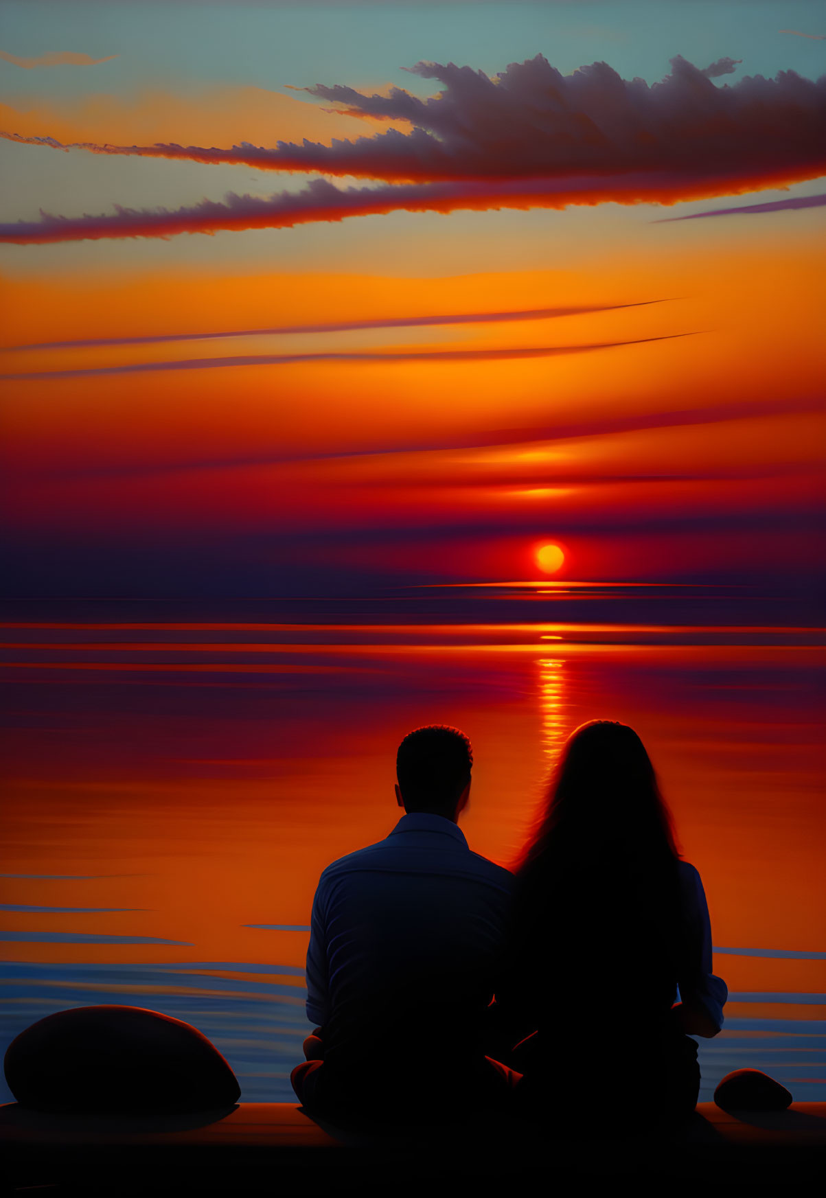 Couple watching spectacular sunset over calm lake