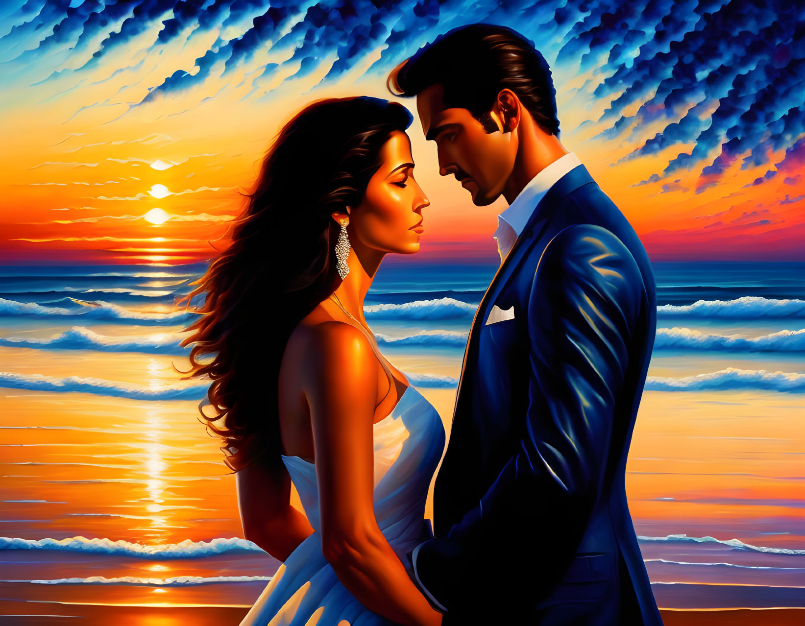 Stylized couple embracing on beach at sunset with orange and blue hues