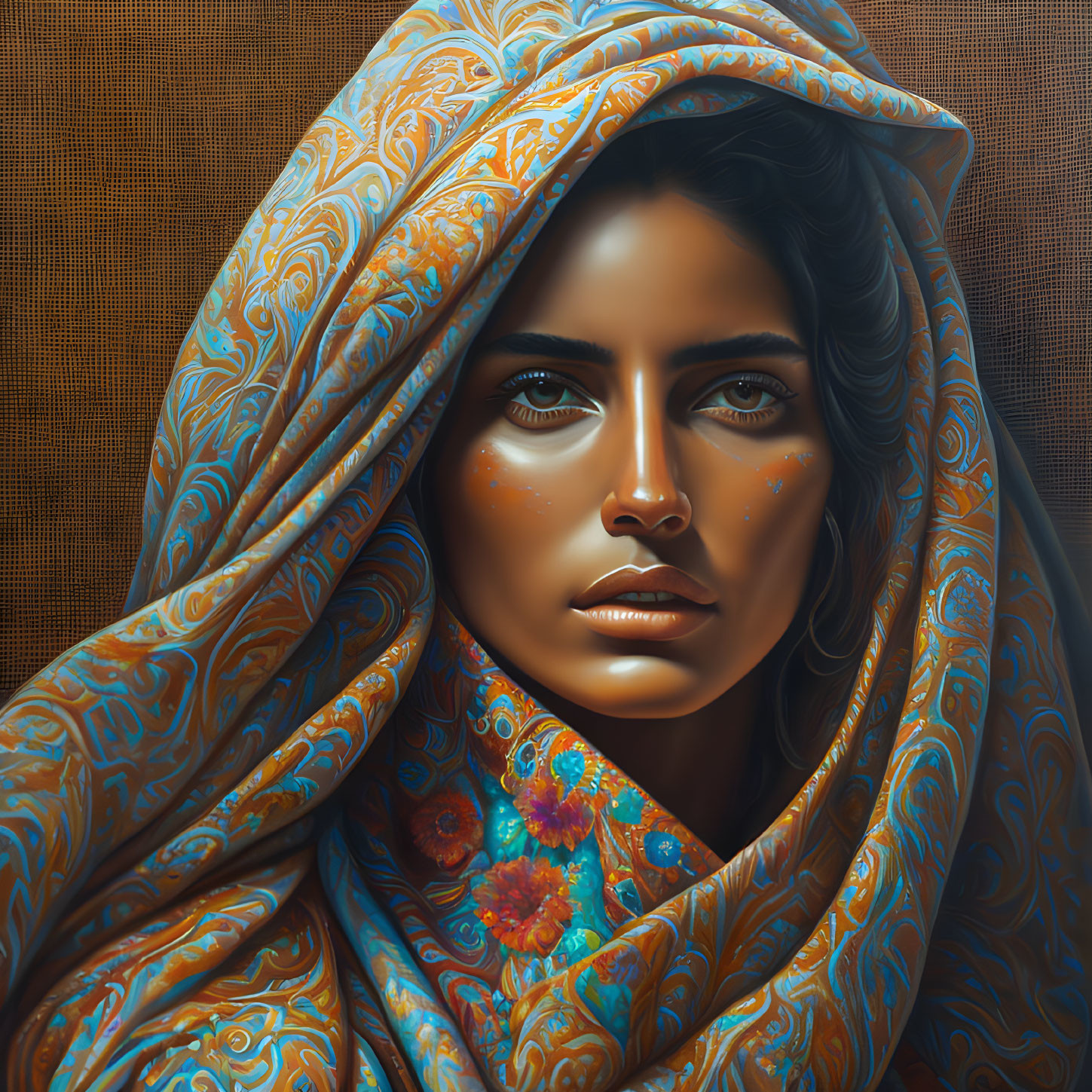 Portrait of woman with striking eyes in blue and orange shawl on textured brown background