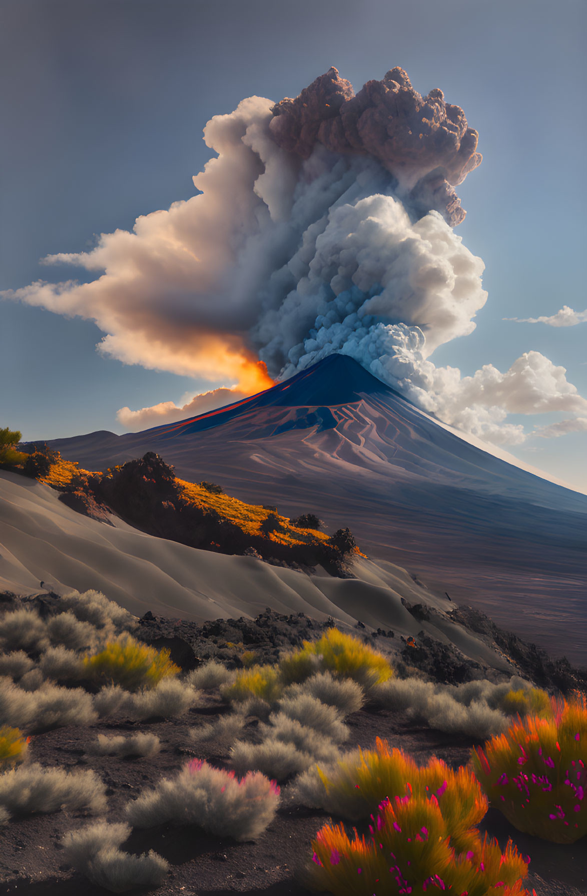 Volcano eruption with smoke and ash plumes, glowing lava, sand dunes, and flowering shr