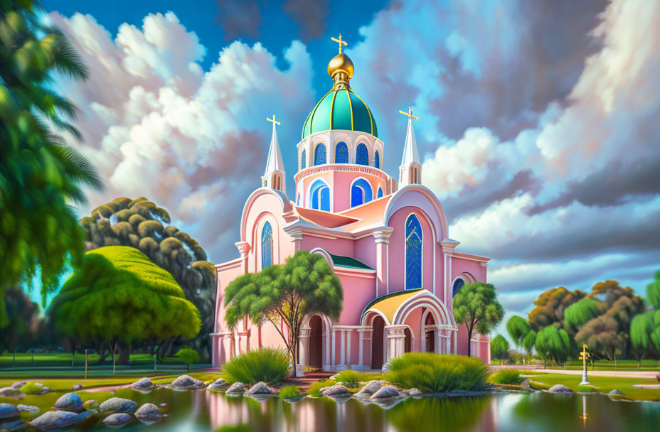 Pastel-colored church with blue dome near serene pond and lush greenery under cloudy sky