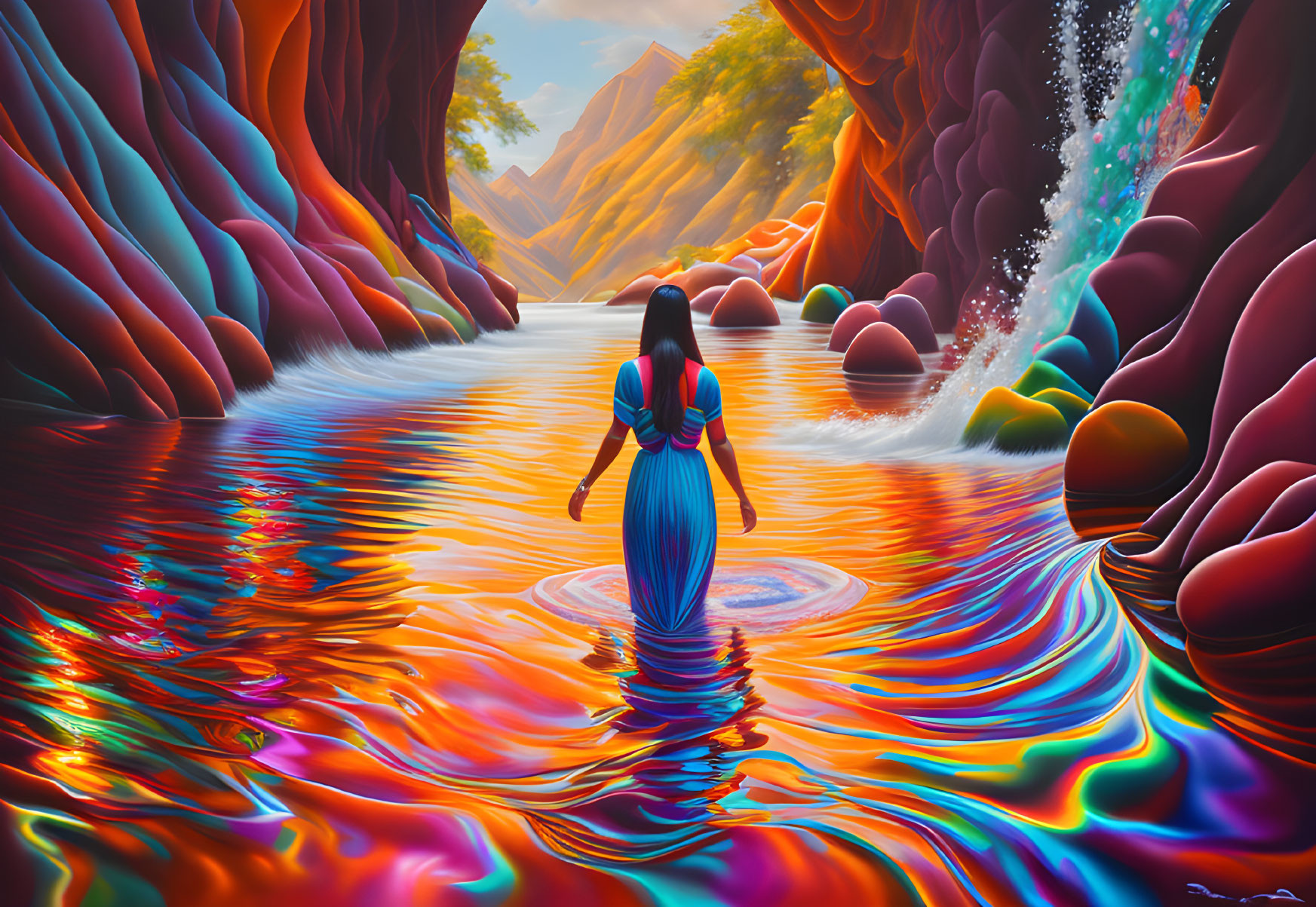 Vibrant River Scene with Red Rocks and Waterfall