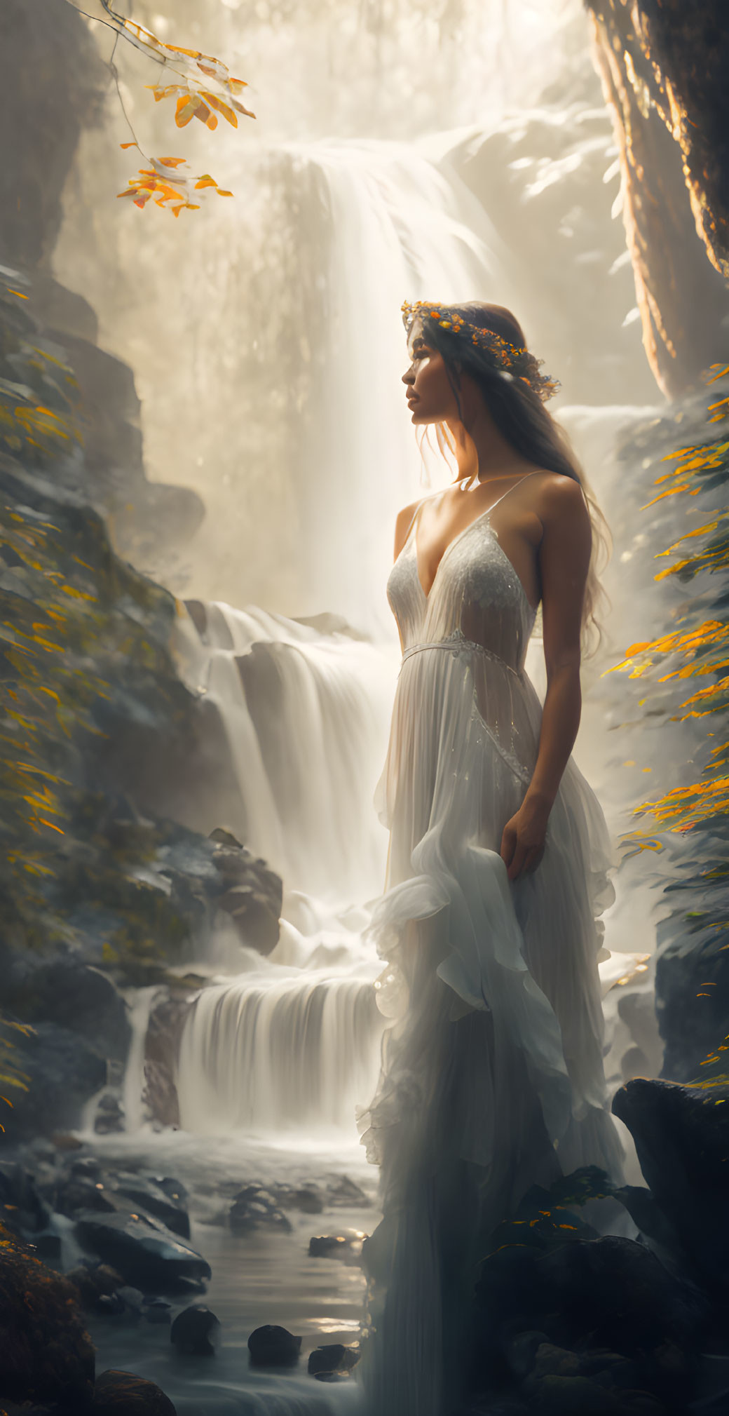 Woman in white dress by waterfall in sunlight and autumn leaves