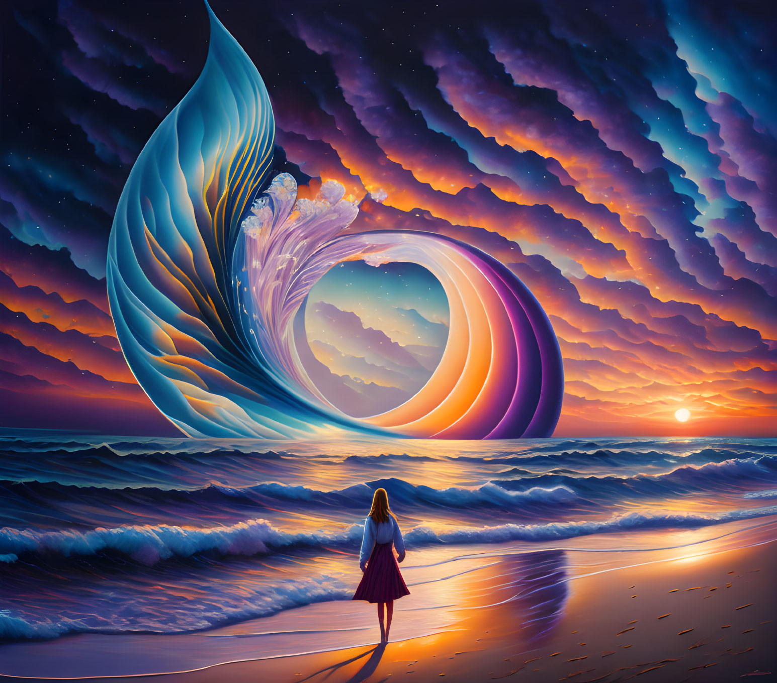 Woman on beach gazes at surreal wave-like portal to vibrant, colorful sky.