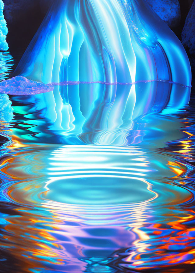 Surreal digital art: Glowing blue ice cave with water reflection