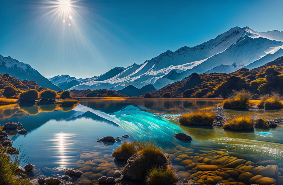 Alpine landscape with blue river, snowy mountains, and bright flora