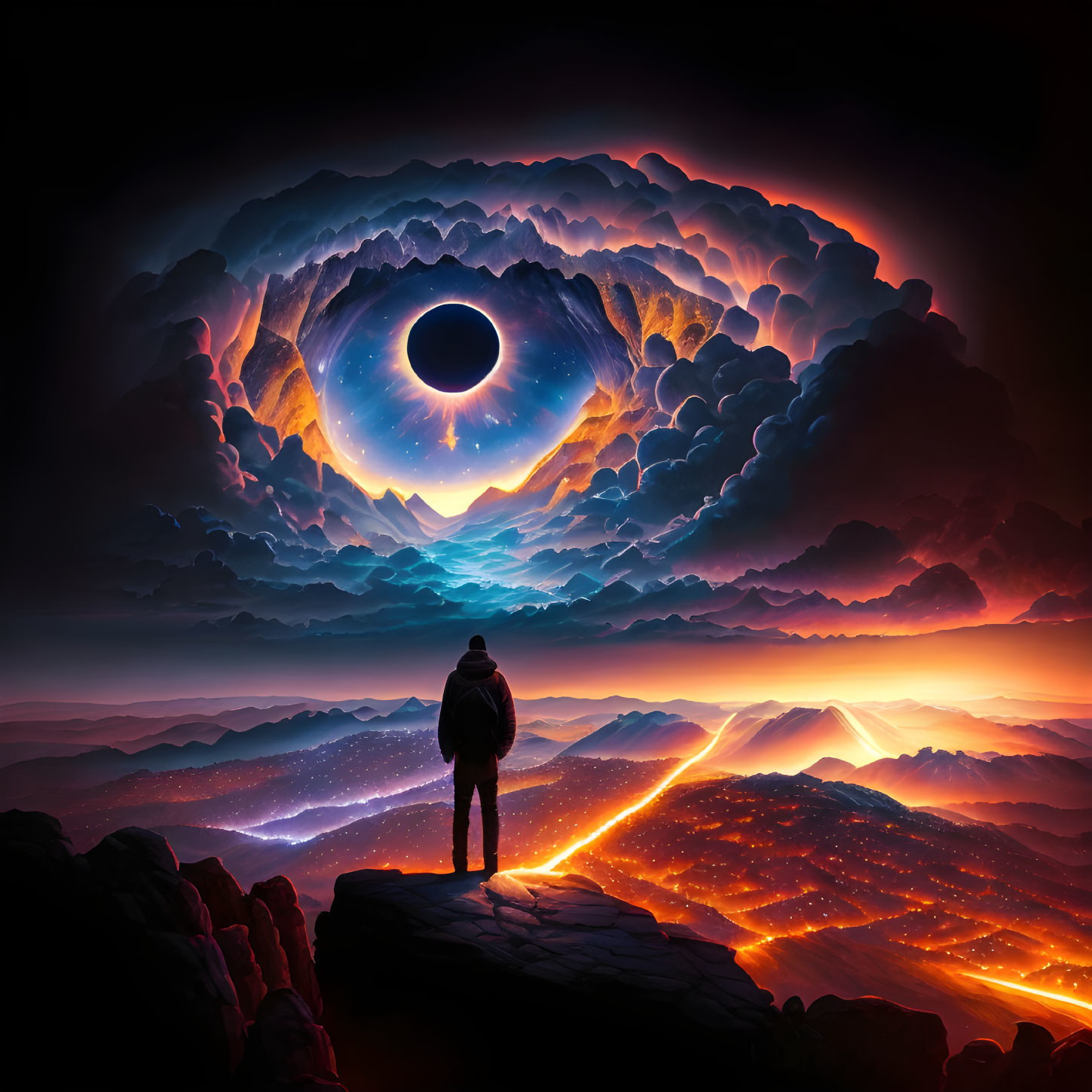 Person on Cliff Observing Surreal Landscape with Radiant Layers and Black Hole