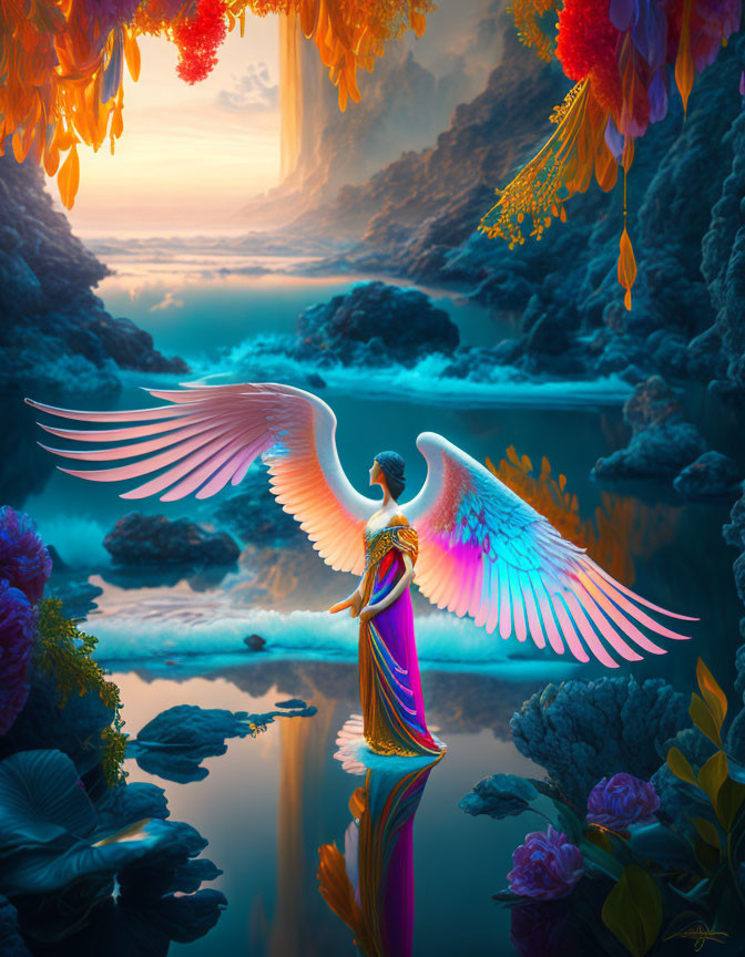 Colorful winged figure by serene lake in surreal landscape