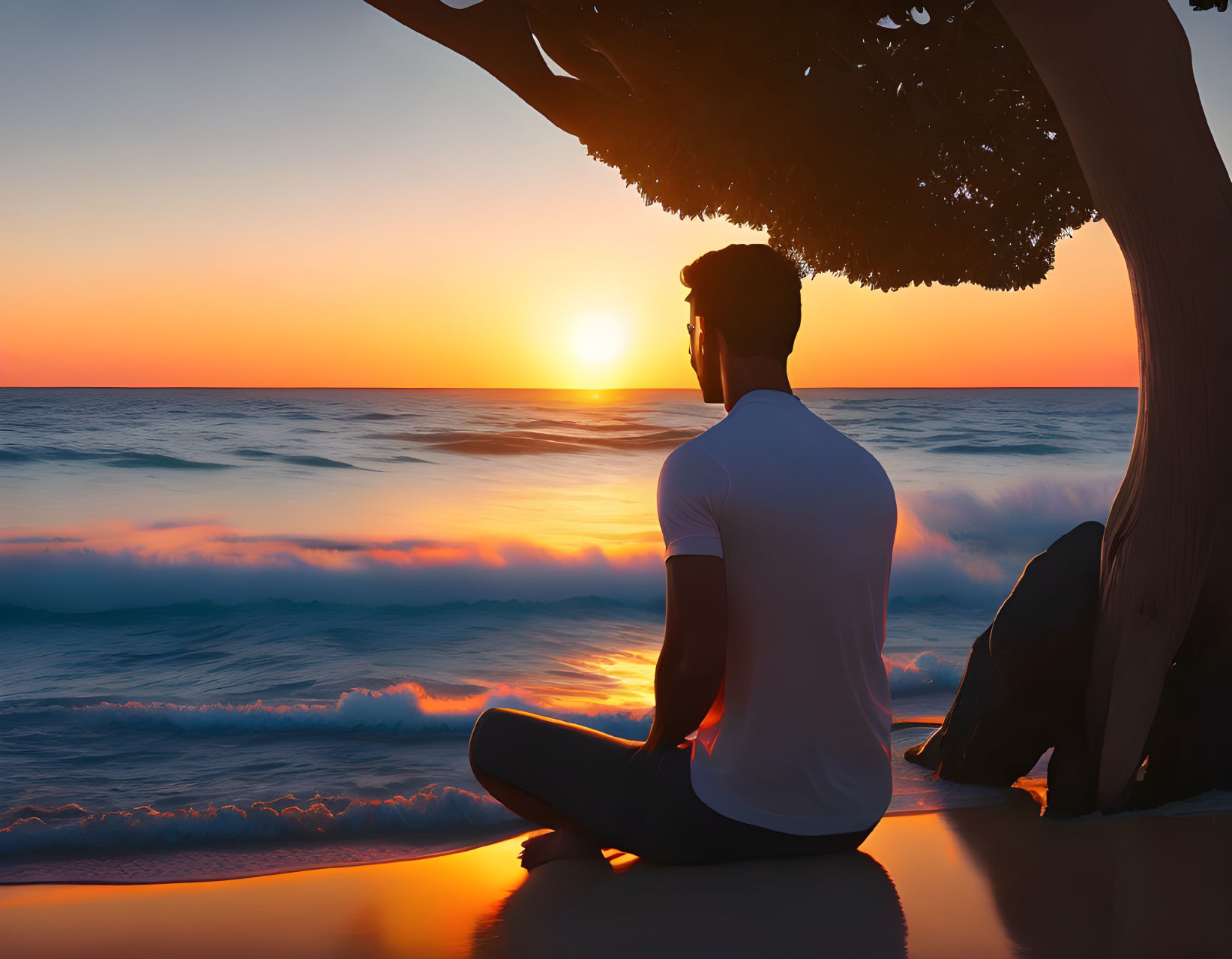 Person sitting under tree on beach watching vivid sunset with lapping waves