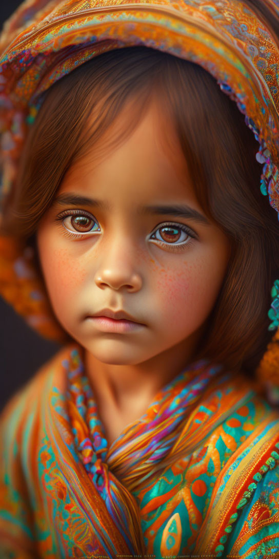 Child in Colorful Orange Garment with Piercing Eyes