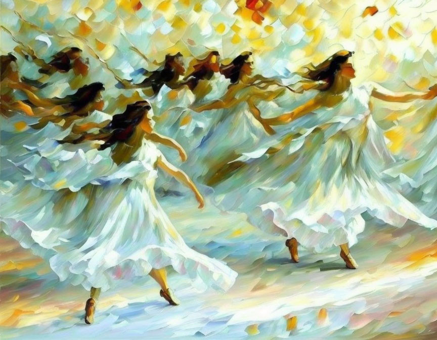 Vibrant Impressionistic Painting of Women Dancing in White Dresses