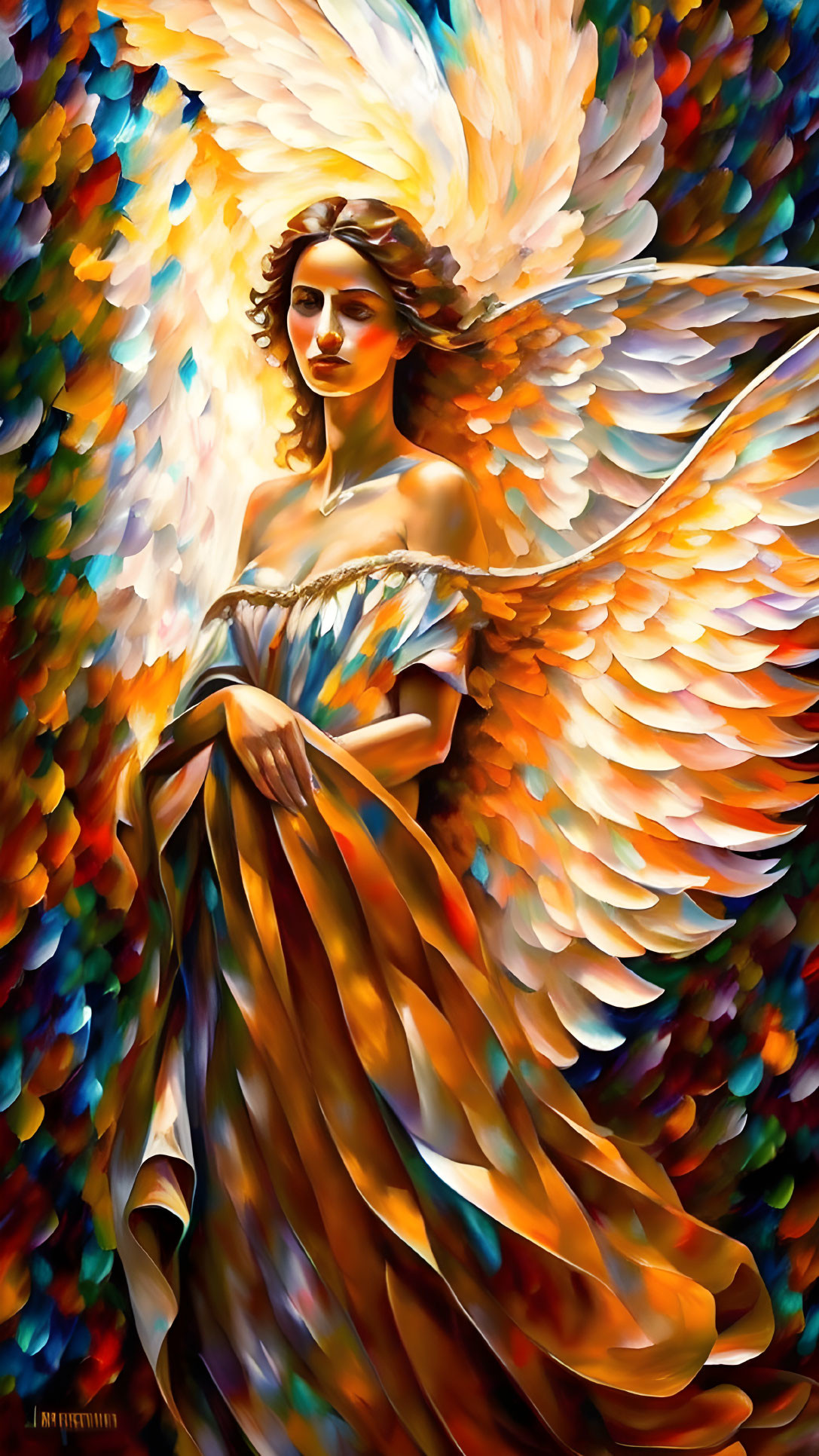 Colorful Angel Painting with Large Feathered Wings and Warm Hues