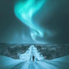 Person on snowy hill under vibrant Aurora Borealis