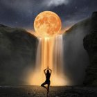 Nighttime scene with person by tranquil waterfall under full moon