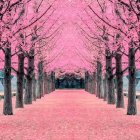 Tranquil pathway with pink cherry blossom trees in soft sunlight