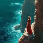 Woman in red dress by turquoise sea and colorful cliff structure