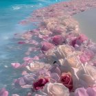 Vibrant pink roses blooming from ocean waves with bubbles and blue sky