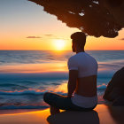 Person sitting under tree on beach watching vivid sunset with lapping waves