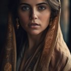 Woman with colorful headscarf and intense gaze under sunlight