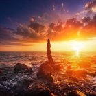 Woman in flowing dress on cliff, sea sunset view