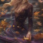 Blonde woman in purple dress surrounded by autumn foliage