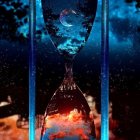 Cosmic-themed hourglass with starry sky background and clock element