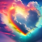 Heart-shaped opening in colorful clouds with rainbow hues