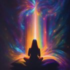 Meditating person in cosmic setting with vibrant colors