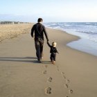 Man and child walking on sandy beach with seagulls and coastline in background