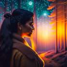 Profile of a Woman in Mystical Forest with Blue and Orange Hues