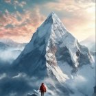 Snowy mountain ridge with majestic peaks and lone hiker under warm sunlight