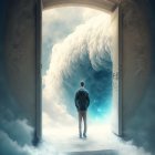 Person at Open Door on Cloud Observing Large Wave