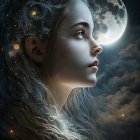 Illustrated portrait of woman with stars in hair and moon in night sky